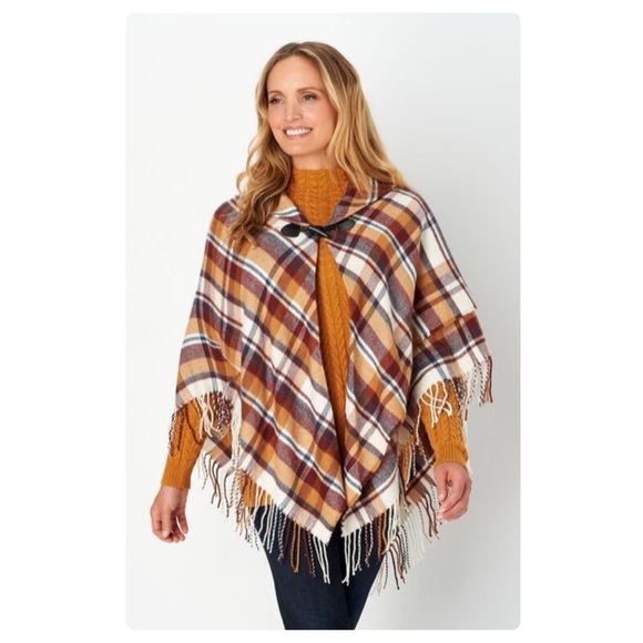 Plaid Fringe Trim Toggle Ruana Shawl Poncho - Picture 1 of 11